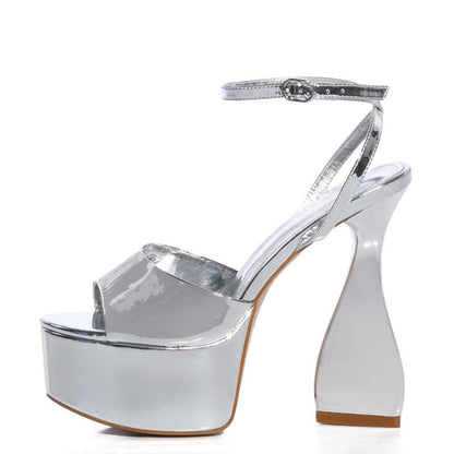 Silver Open Toe Patent Shoes Ankle Strap Platform Heel Evening Sandals