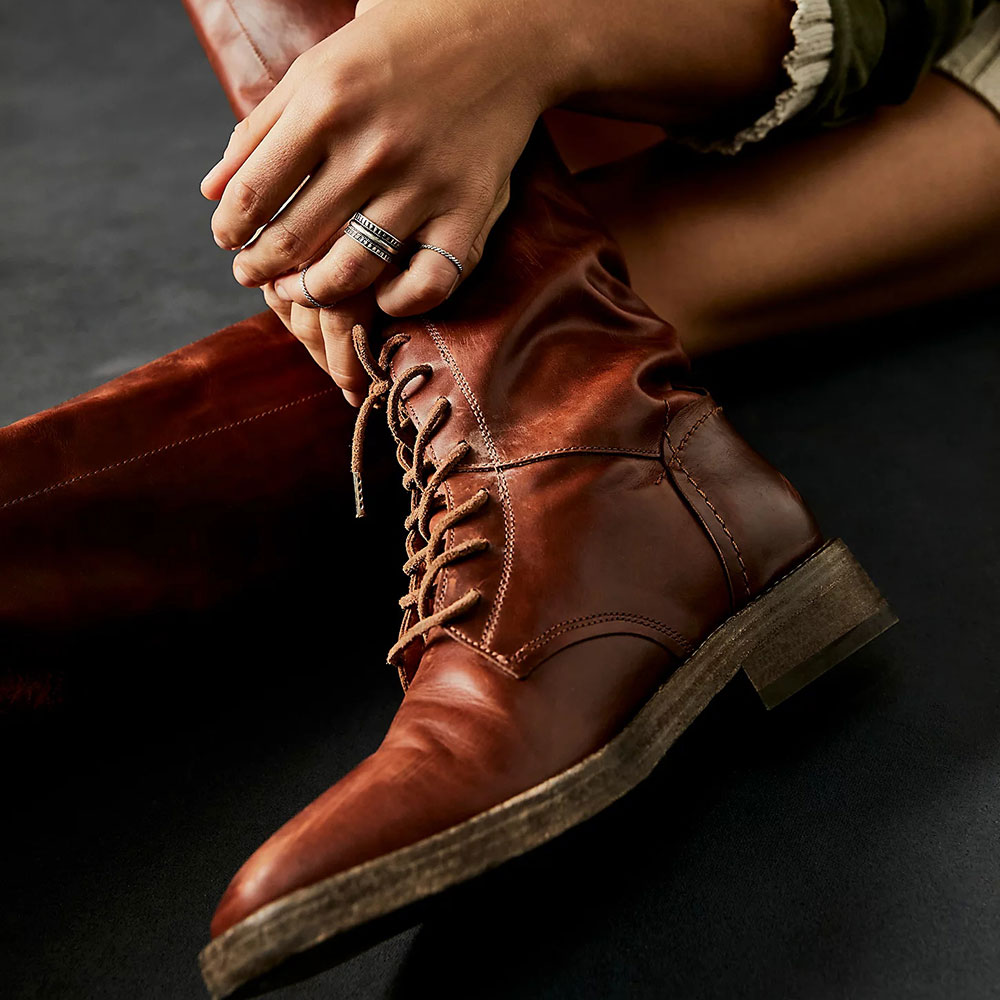 Lace-Up Vegan Leather Square Toe Flat Knee High Boots in Brown