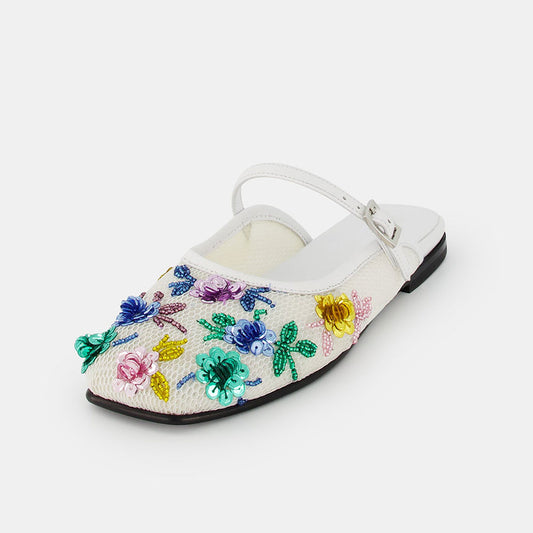 White Floral Mesh Closed Toe Beads & Sequins Embellished Flat Mules