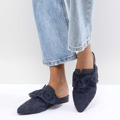 Navy Almond Toe Flat Cut-Out Lace Mule Loafers for Women