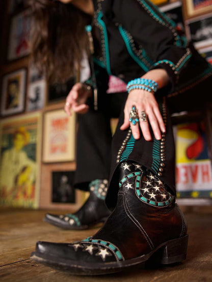 Black Vegan Leather Snip Toe Star Patch-Work Cowgirl Ankle Boots With Chunky Heels