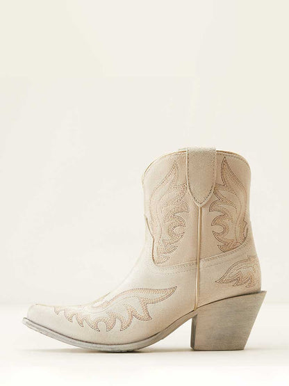 White Faux Suede Snip Toe Embroidered Block Heel Cowgirl Ankle Boots
