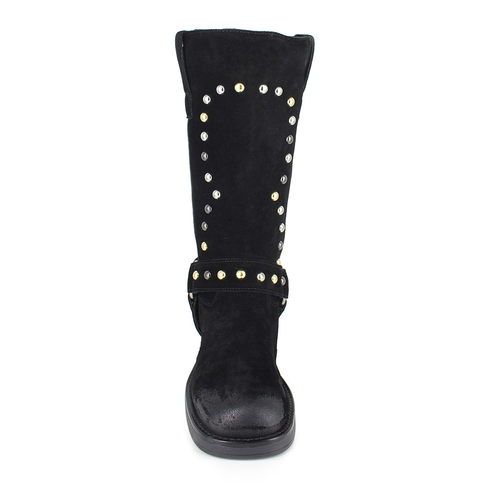 Studded Chunky Heel Square Toe Hardware Mid Calf Boots in Black
