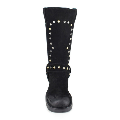 Studded Chunky Heel Square Toe Hardware Mid Calf Boots in Black
