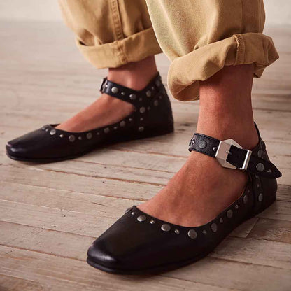 Black Square Toe Buckle Studded Mary Jane Flats for Women