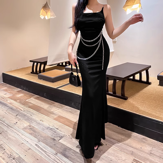 Gorgeous Black Spaghetti Strap Waist Chain Mermaid Long Prom Dress Evening Dress TP4355