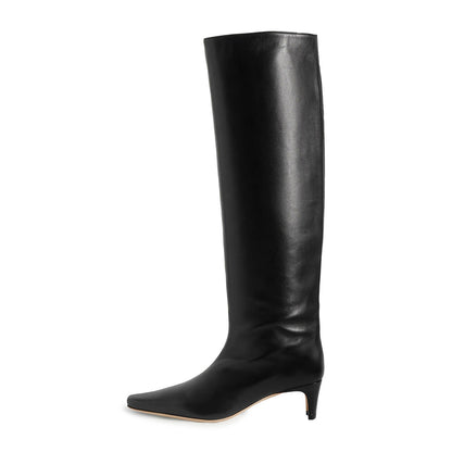 Black Vegan Leather Square Toe Chunky Heel Knee High Boots for Women
