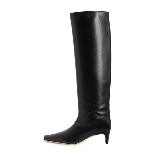 Black Vegan Leather Square Toe Chunky Heel Knee High Boots for Women