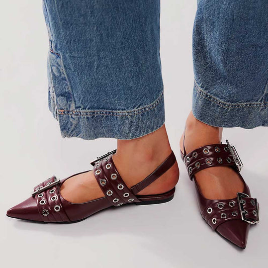 Women's Burgundy Buckle Grommet Strap Pointed Toe Slingback Flats