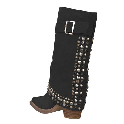 Black Vegan Suede Chunky Heel Studded Fold-Over Mid Calf Boots
