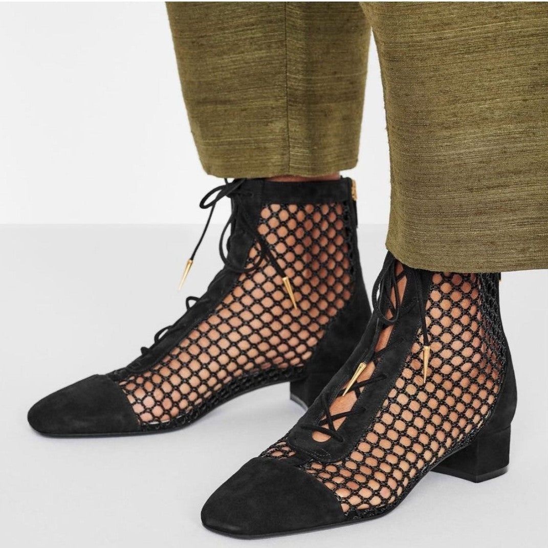 Black Nets Lace Up Summer Booties Block Heel Ankle Boots