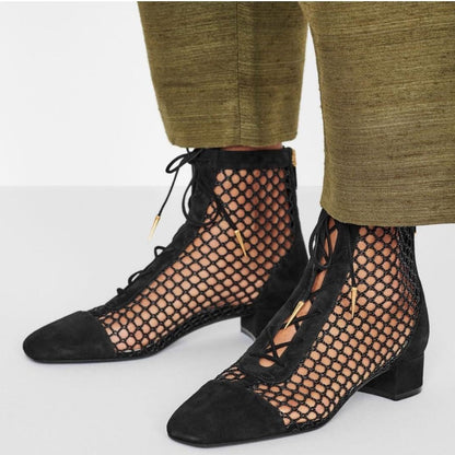 Black Nets Lace Up Summer Booties Block Heel Ankle Boots