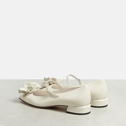 Women's White Square Toe Floral Low Block Heel Mary Jane Pumps