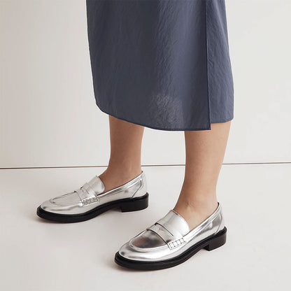 Silver Metallic Finish Round Toe Flat Penny Loafers for Women