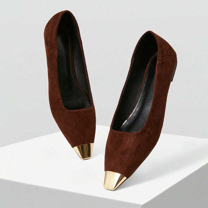 Women's Elegant Vegan Suede Metallic Square Toe Flats in Brown