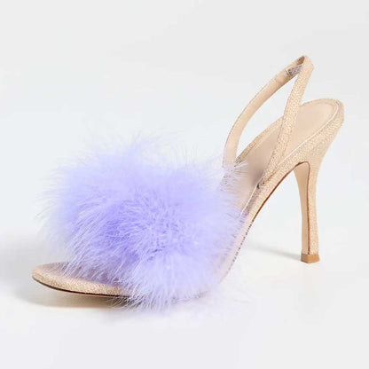 Beige & Purple Woven Raffia Feather Trim Slingback Heeled Sandals