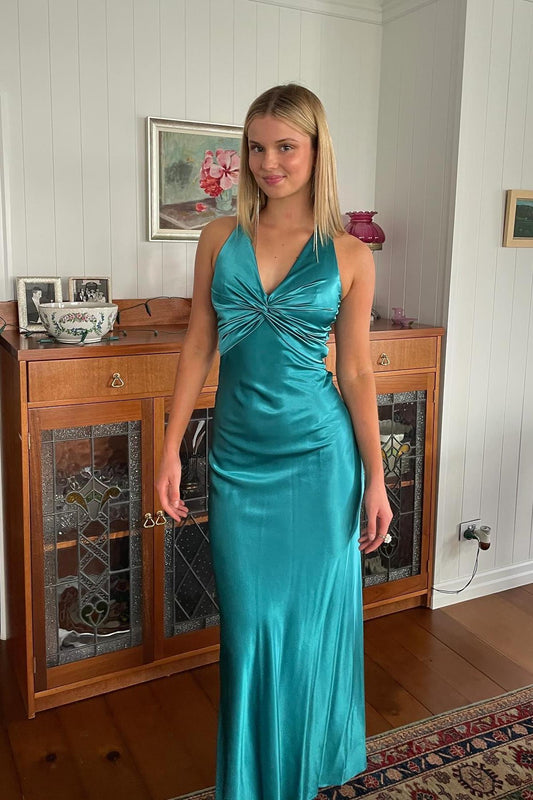 Turquoise Twist Sheath Silk Long Formal Dresses for Party Events