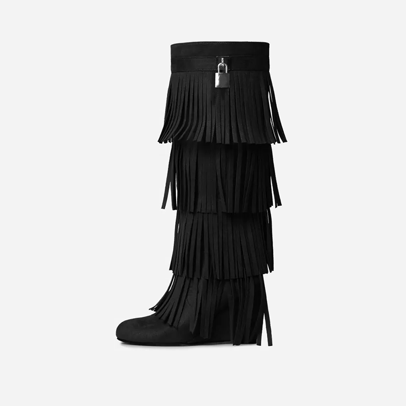 Black Vegan Suede Fringe Wedge Knee High Boots with Lock Decor