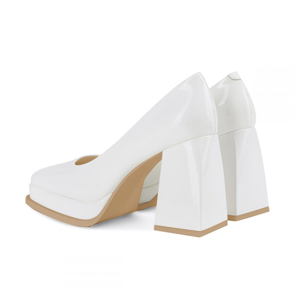 Women's Patent Leather Square Toe Chunky Heel White Platform Pumps