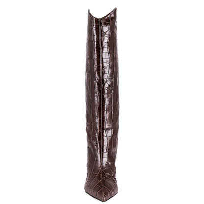 Brown Pointed Toe 3'' Stiletto Heel Wide Calf Knee High Boots