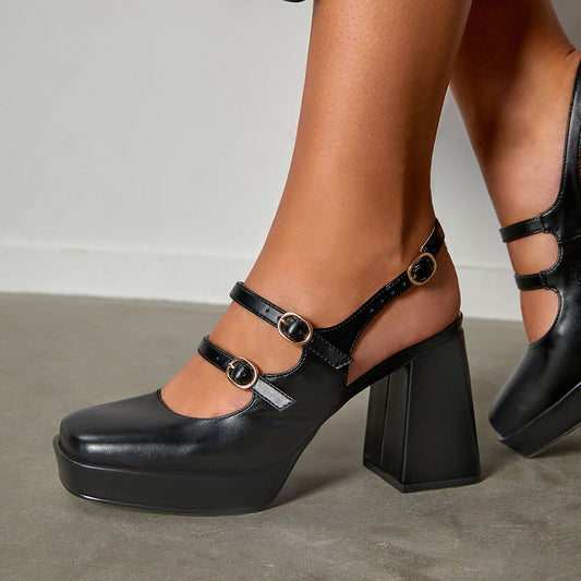 Black Closed Toe 4'' Chunky Heel Strappy Loafers with Platform