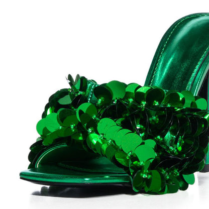 Women's Green Party Sandals Square Toe Sparkly Sequin High Heel Mules