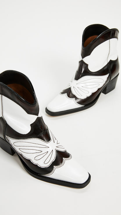 Black and White Block Heels Cowgirl Boots Square Toe Ankle Boots