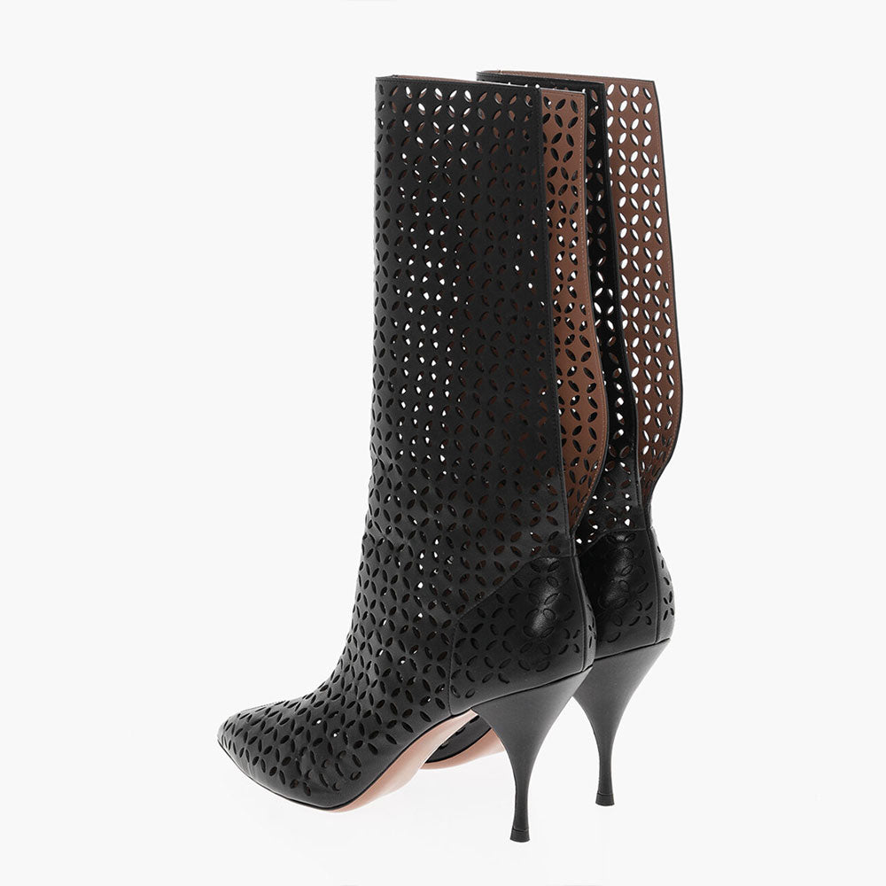 Black Spool Heel Cut-Out Pointed Toe Back Opening Mid Calf Boots