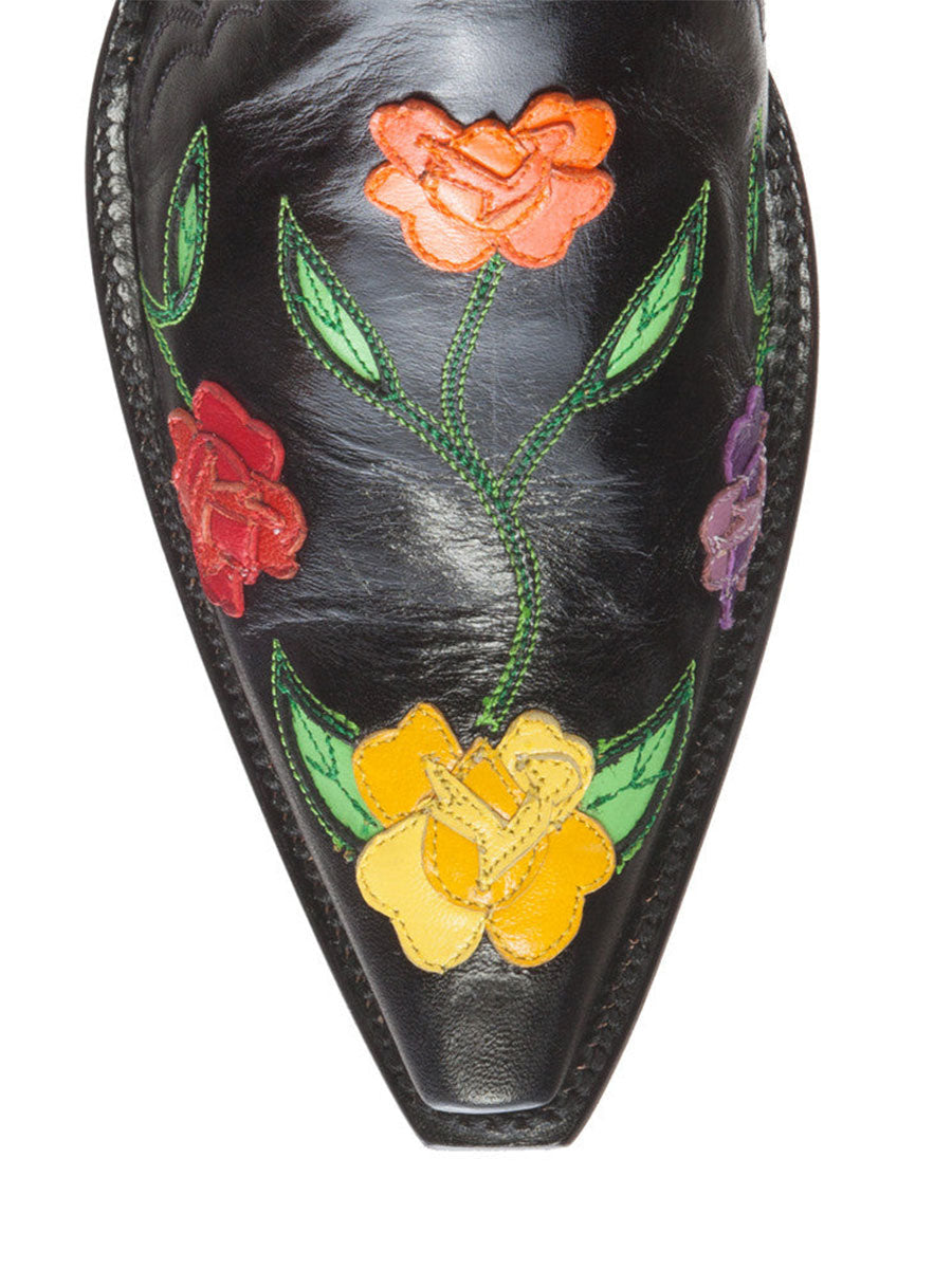 Black Decorative Floral Inlay Snip Toe Chunky Heel Zipped Ankle Boots