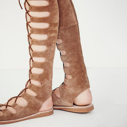 Khaki Gladiator Sandals Vegan Suede Comfortable Lace Up Flats