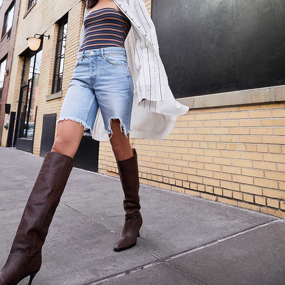 Brown Snip Toe 3'' Kitten Heel Wide Calf Croc Embossed Knee High Boots