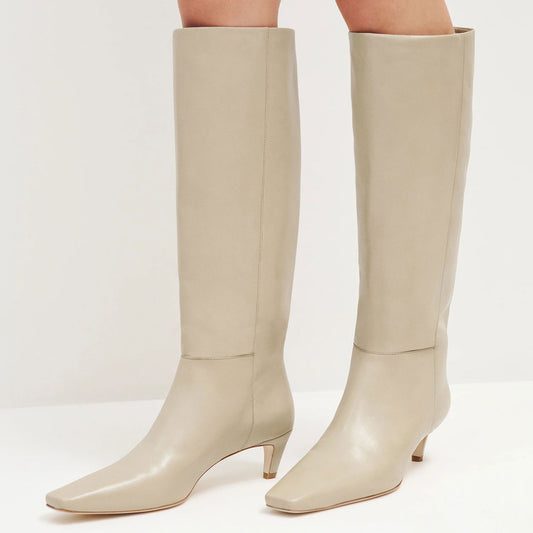Pull-On Vegan Leather Square Toe Kitten Heel Knee High Boots in Ivory