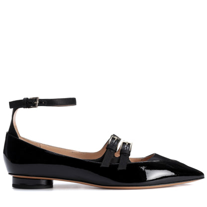 Black Patent Leather Mary Jane Shoes Three Strap Pointy Toe Flats