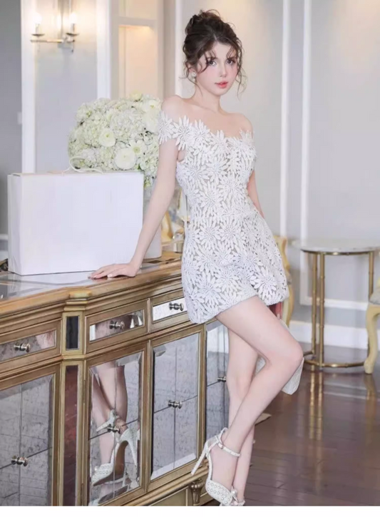 Cute White Appliqued Off-the-shoulder Design A-line Party Dress Homecoming Dress TP3849