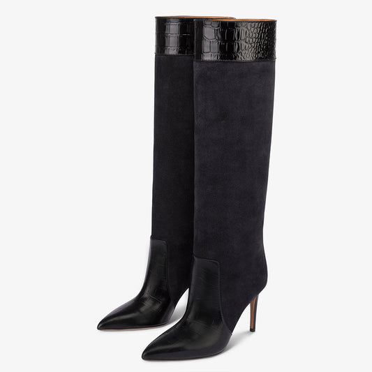 Black Crocodile Embossed Pointed Toe Stiletto Heel Knee High Boots