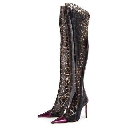 Purple Stiletto Heel Leopard Shoes Transparent Zipper Knee High Boots