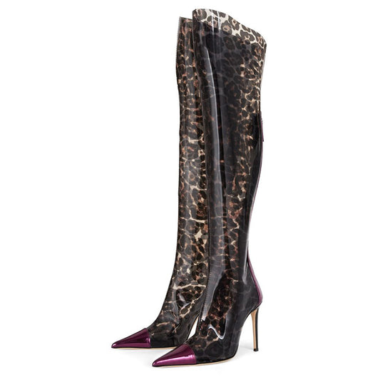 Purple Stiletto Heel Leopard Shoes Transparent Zipper Knee High Boots
