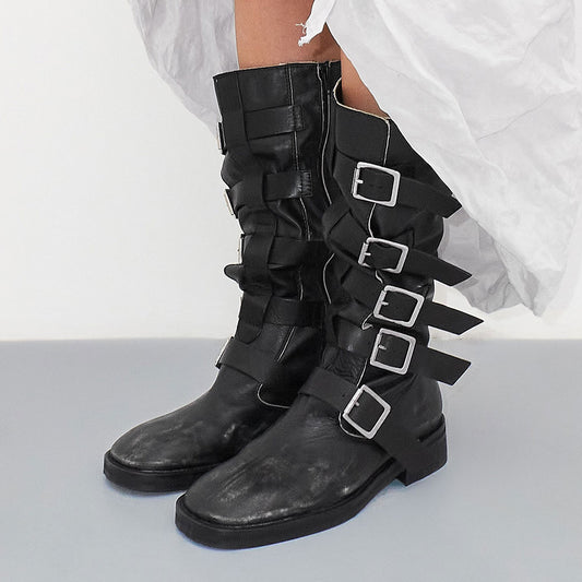 Black Square Toe Multi Buckle Straps Flat Mid Calf Boots with Zipper
