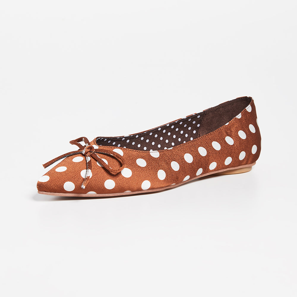 Brown Satin Pointy Toe Polka Dot Bow Flats for Women