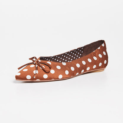 Brown Satin Pointy Toe Polka Dot Bow Flats for Women