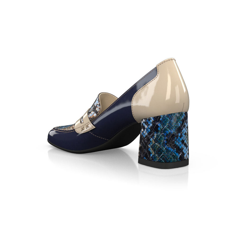 Navy & Beige Patent Leather Snakeskin Print Block Heeled Loafers