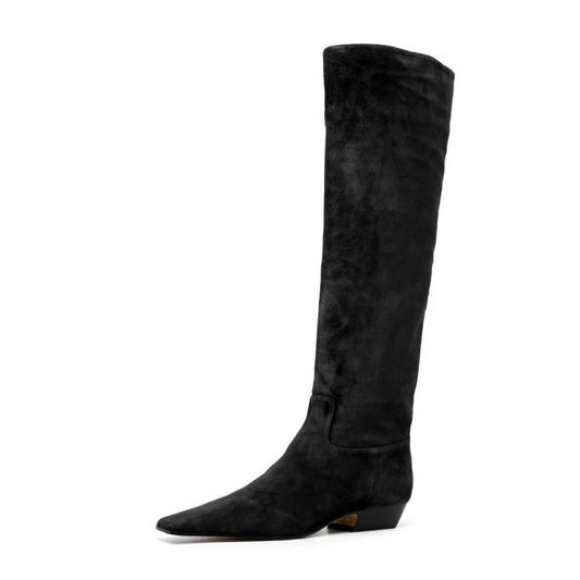 Black Vegan Suede Square Toe Knee-High Tall Boots with Low Heel