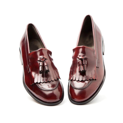 Maroon Vegan Leather Rounded Toe Block Heel Fringe Loafers