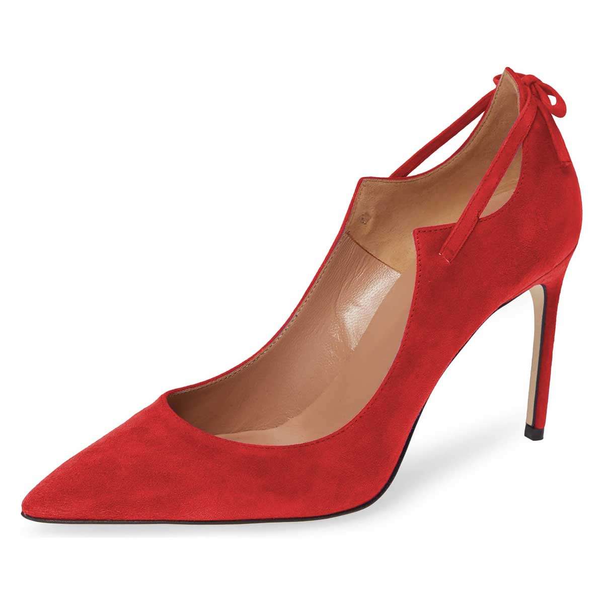 Women's Pointed Toe Curve Detail Vegan Suede Pumps Heels in Red