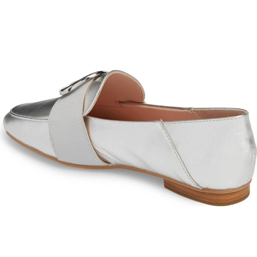 Silver Metallic Finish Square Toe Flats Buckle Decor Women's Loafers