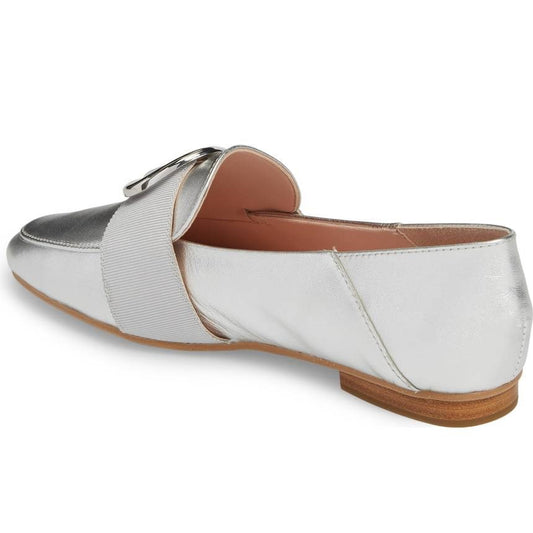Silver Metallic Finish Square Toe Flats Buckle Decor Women's Loafers