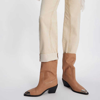 Slouchy Pointed Toe Metallic Accent Mid Calf Boots for Women in Tan