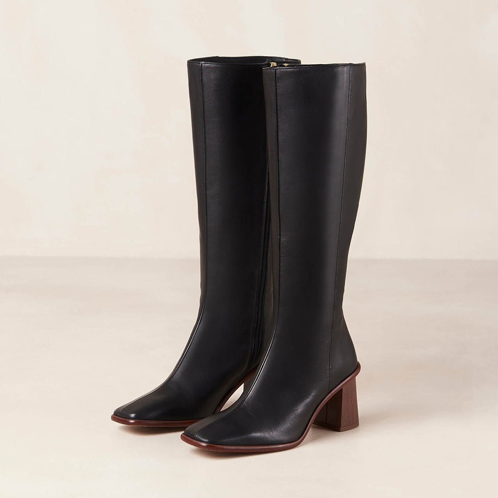 Black Vegan Leather Square Toe Chunky Heel Side-Zip Knee High Boots
