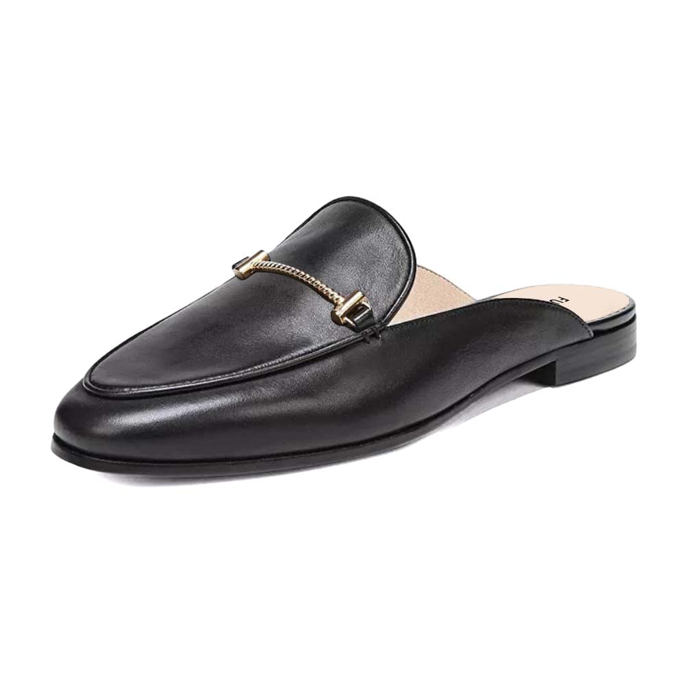 Black Vegan Leahter Mules With Chain Decor Lug Sole Flats