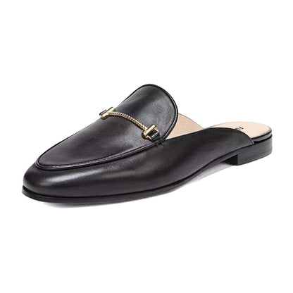 Black Vegan Leahter Mules With Chain Decor Lug Sole Flats